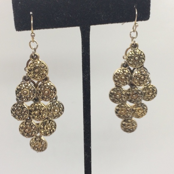 3/$30 BRASS CHANDELIER DANGLE ARTICULATED CIRCLE COIN EARRINGS - Picture 6 of 9